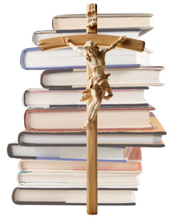 crucifix and books